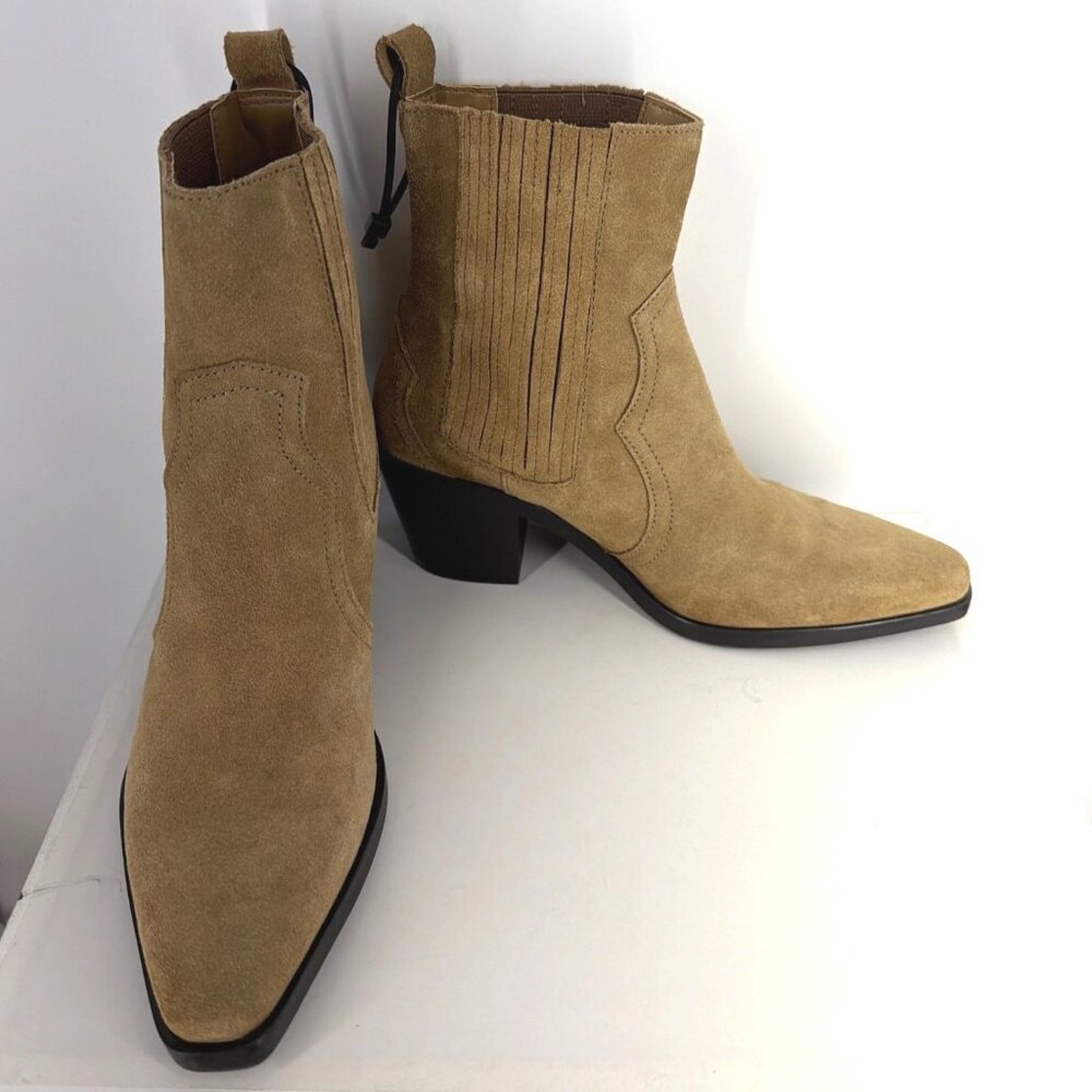 Zara Western Booties Calf Block Heel Tan Suede Boots Women Size 37 US6.5 - Picture 4 of 12